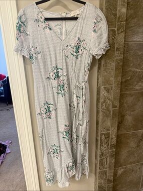 LOFT Light Blue Floral Wrap Midi Dress with Green Accents